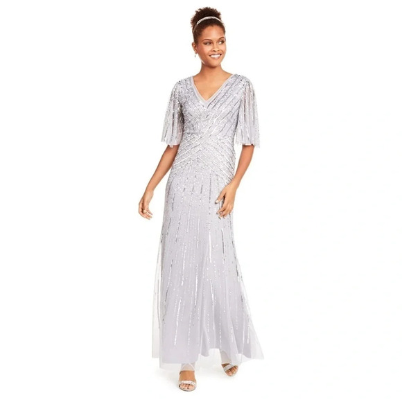 NWT ADRIANNA PAPELL Flutter Sleeve Fully Beaded Gown - Picture 1 of 10